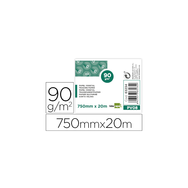 Papel vegetal liderpapel 750mmx20m 90gr rollo rollo
