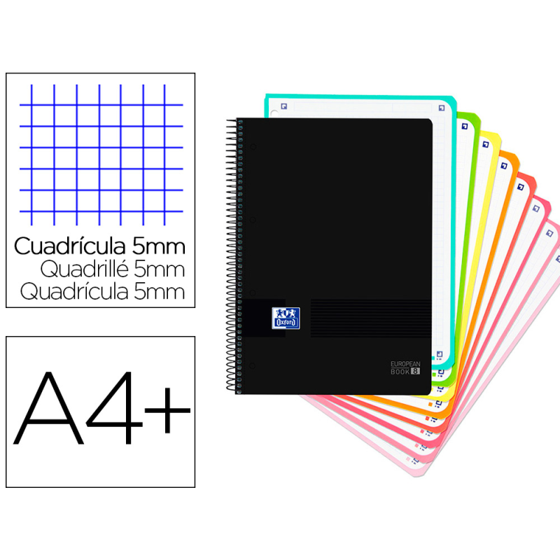 Cuaderno espiral oxford ebook 8 tapa plastico din a4+ 160 h cuadricula 5 mm black'n colors turquesa