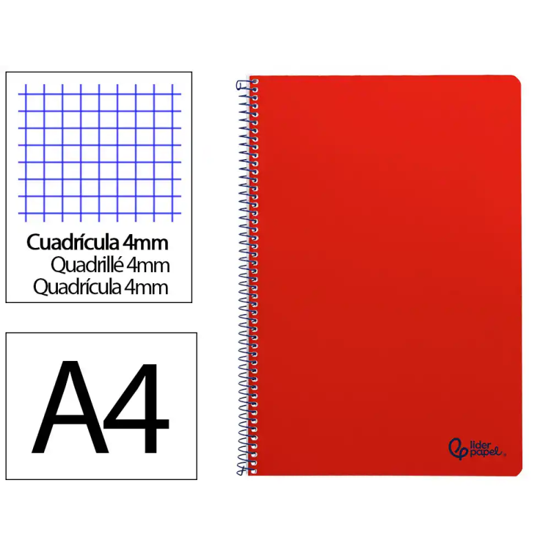 Cuaderno espiral liderpapel a4 smart tapa blanda 80h 75gr cuadro 4mm con margen color rojo