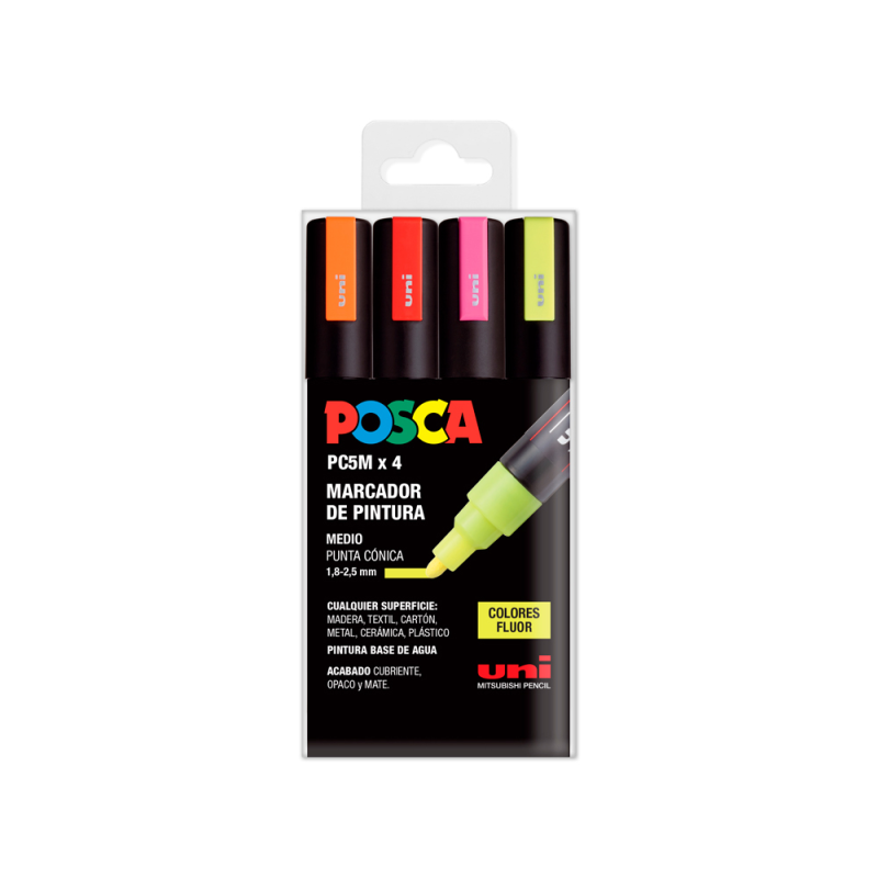Rotulador uni posca pc-5m/4c marcador de pintura punta conica 1,8-2,5 mm bolsa de 4 unidades colores fluorescente