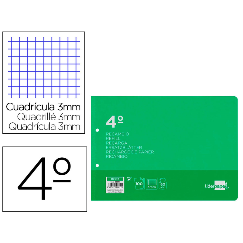 Recambio liderpapel cuarto apaisado 100 hojas 60gr cuadro 3 mm 2 taladros con margen