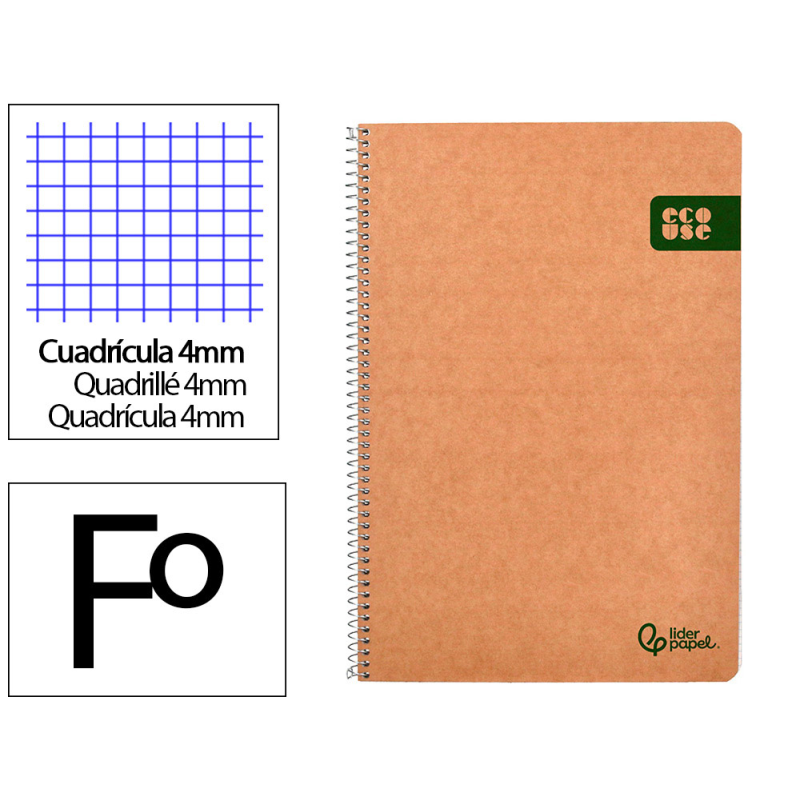 Cuaderno espiral liderpapel a4 ecouse tapa cartulina kraft 80h papel reciclado 80gr cuadro 4mm con margen