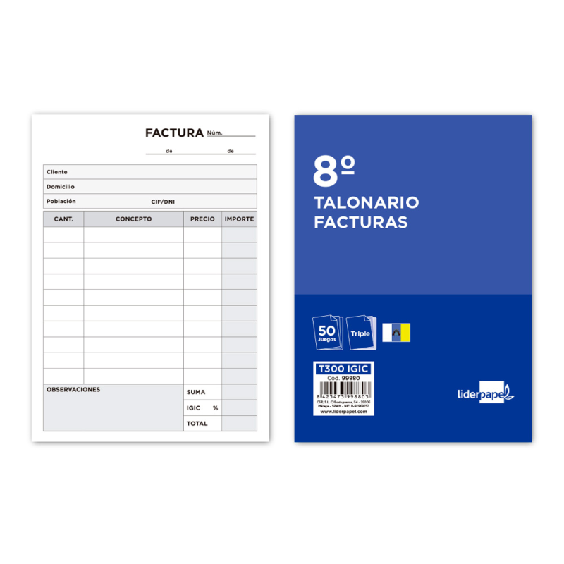 Talonario liderpapel facturas 8º original y 2 copias t300 con i.g.i.c.