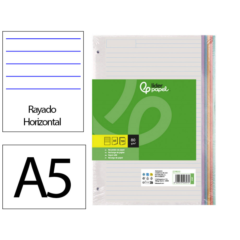 Recambio liderpapel a5 120 hojas 80gr horizontal sin ma rgen 6 taladros bandas de 5 colores