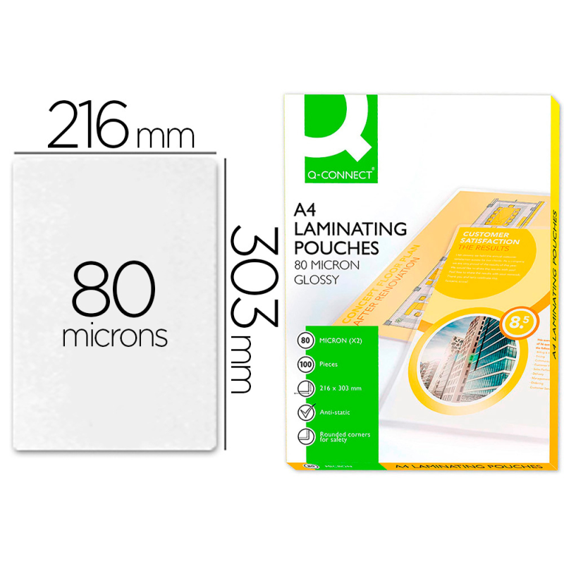 Bolsa de plastificar q-connect 303 x 216 mm 80 mc din a4 caja de 100 unidades