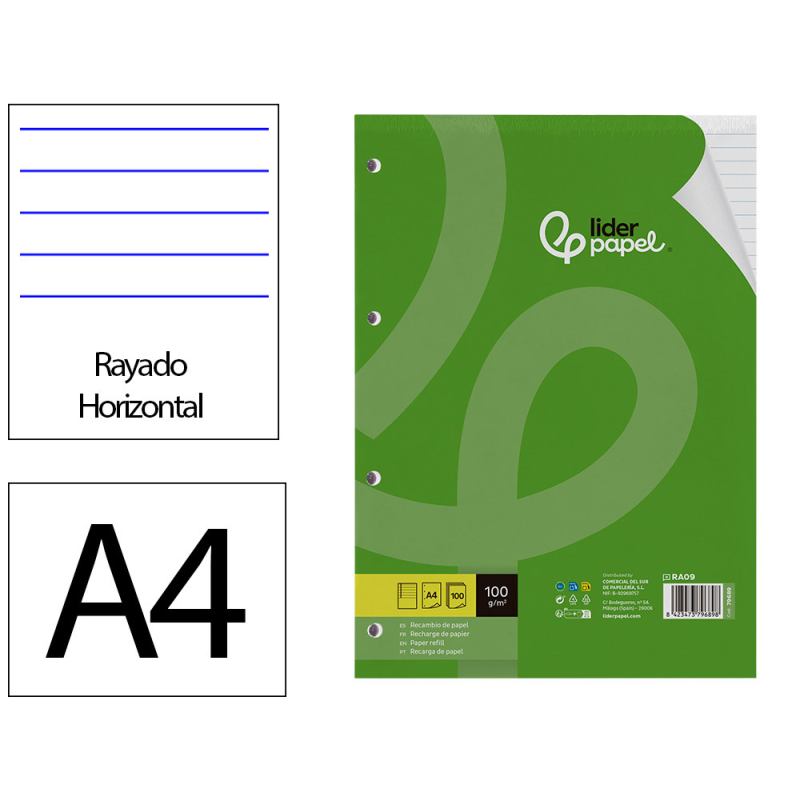 Recambio liderpapel a4 100 hojas 100gr rayado horizontal con margen 4 taladros