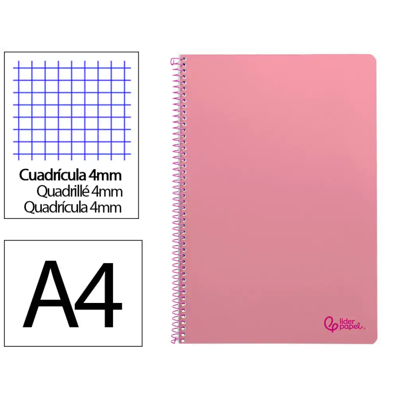 Cuaderno espiral liderpapel a4 smart tapa blanda 80h 75gr cuadro 4mm con margen color rosa