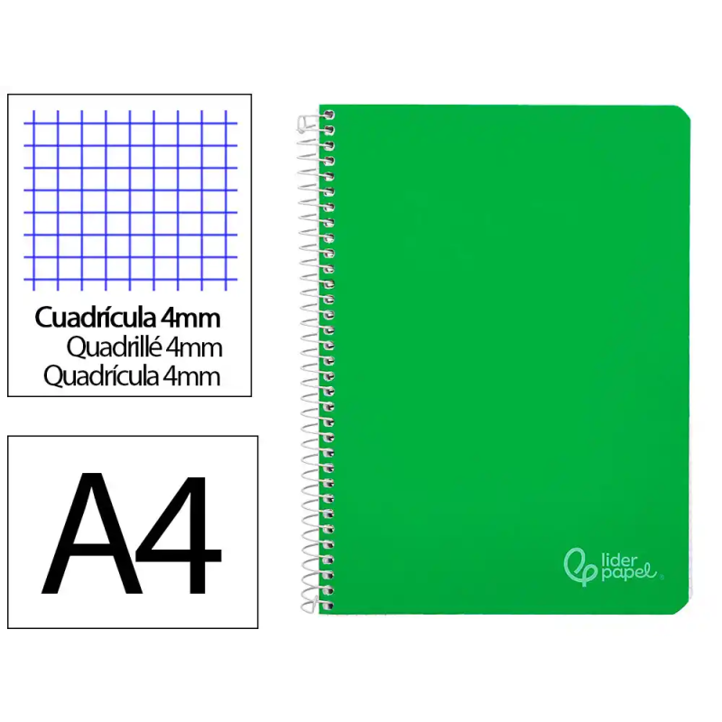 Cuaderno espiral liderpapel a4 witty tapa dura 80h 90gr cuadro 4mm con margen color verde
