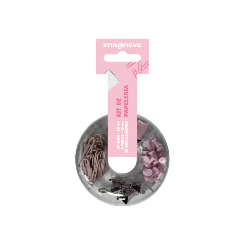 Set de papeleria imaginovo con clips 28mm pinzas 19mm y chinchetas rosa