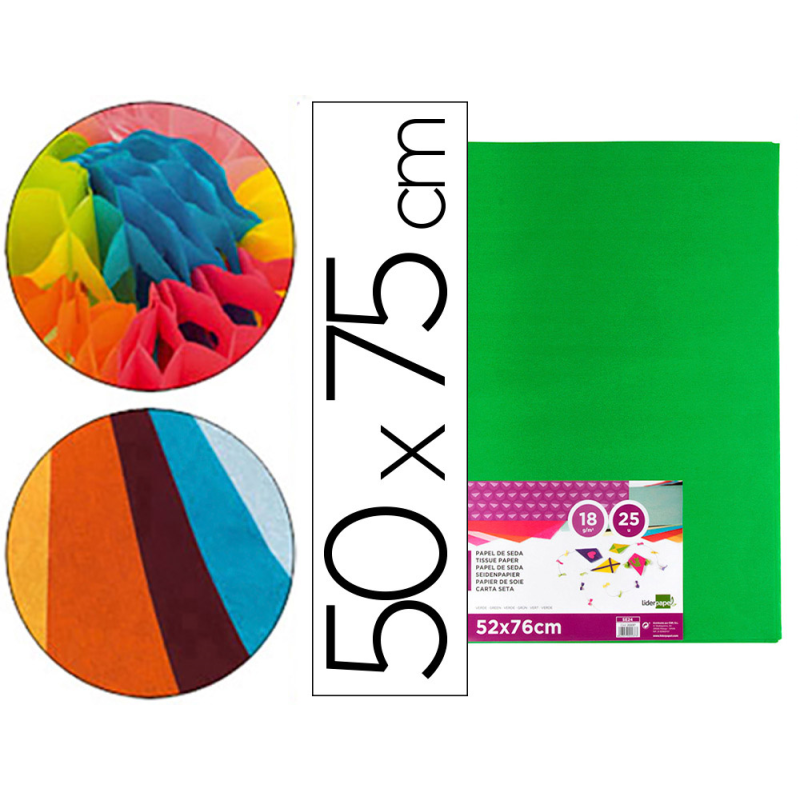 Papel seda liderpapel verde medio 52x76 cm 18 gr paquete de 25 hojas
