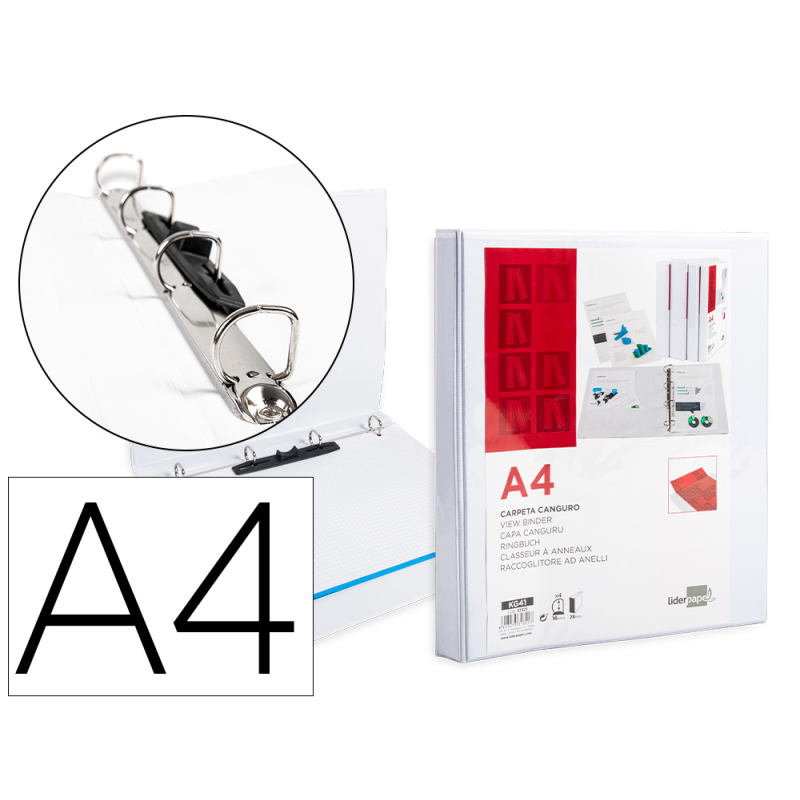 Carpeta canguro 4 anillas mixtas 16mm liderpapel a4 plastico color blanco