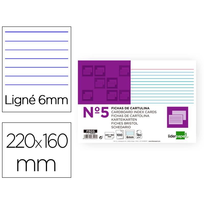 Ficha liderpapel rayada nº5 160x220 mm 180gr paquete de 100 unidades