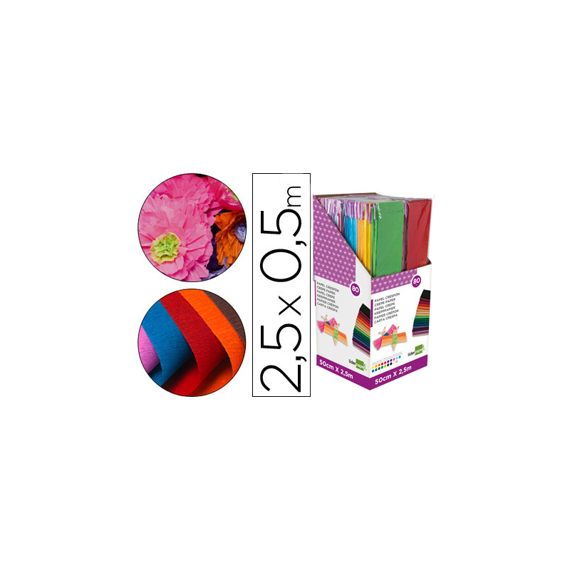 Papel crespon liderpapel 0.50 x 2.50 mt encelofanado expositor de 80 unidades colores surtidos