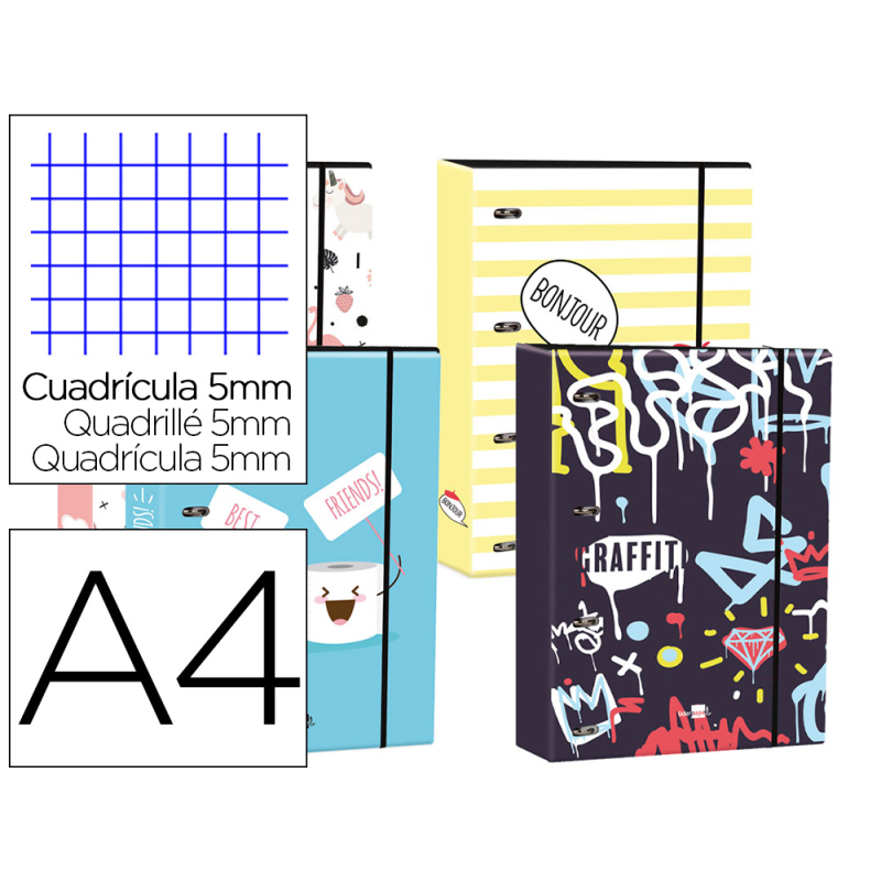 Carpeta liderpapel din a4 forrada con recambio 120 hojas 80gr 5 mm 4 anillas redondas 40 mm cierre goma
