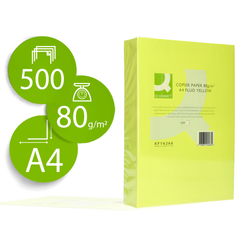 Papel color q-connect din a4 80gr amarillo neon paquete de 500 hojas