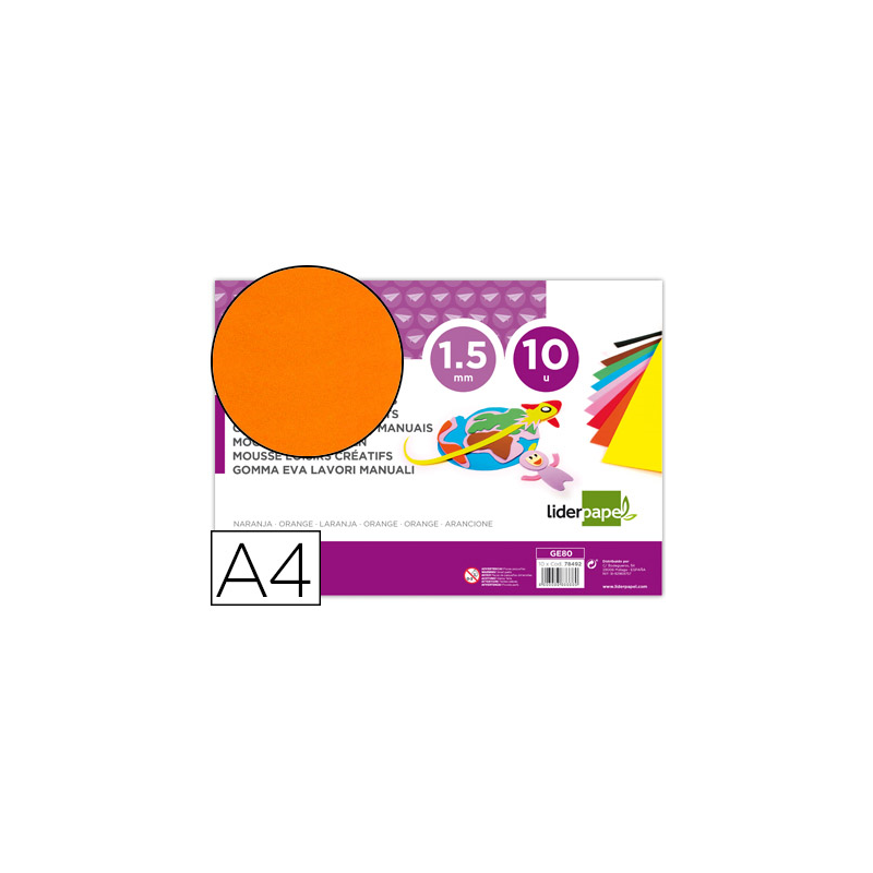 Goma eva liderpapel din a4 60g/m2 espesor 1,5mm naranja paquete de 10 hojas