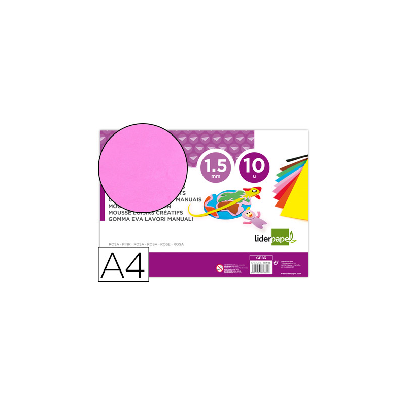 Goma eva liderpapel din a4 60g/m2 espesor 1,5mm rosa paquete de 10 hojas