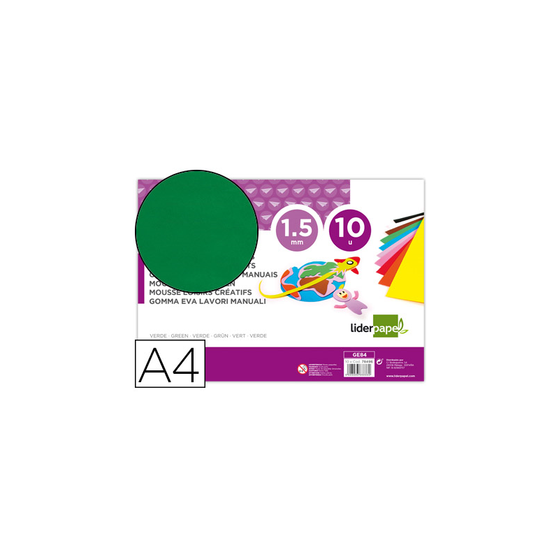 Goma eva liderpapel din a4 60g/m2 espesor 1,5mm verde paquete de 10 hojas