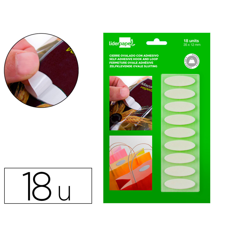 Velcro autoadhesivo ovalado liderpapel blanco 35x12 mm blister de 18 unidades