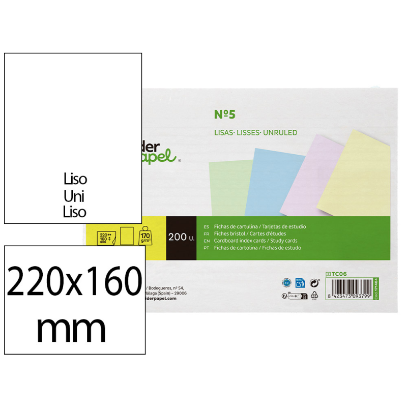 Tarjeta liderpapel para estudiar lisa cartulina de colores 170gr 160x220mm paquete de 200 unidades