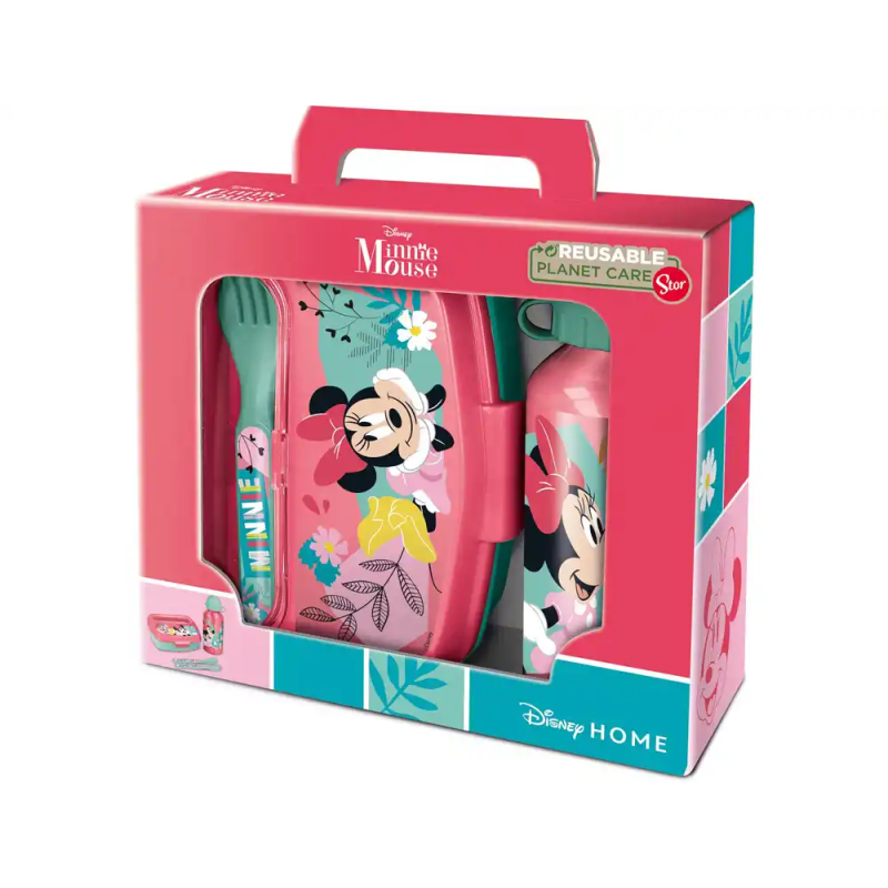 Set de botella portaliquidos y sandwichera safta + cubiertos minnie mouse nalve 180x210x70 mm
