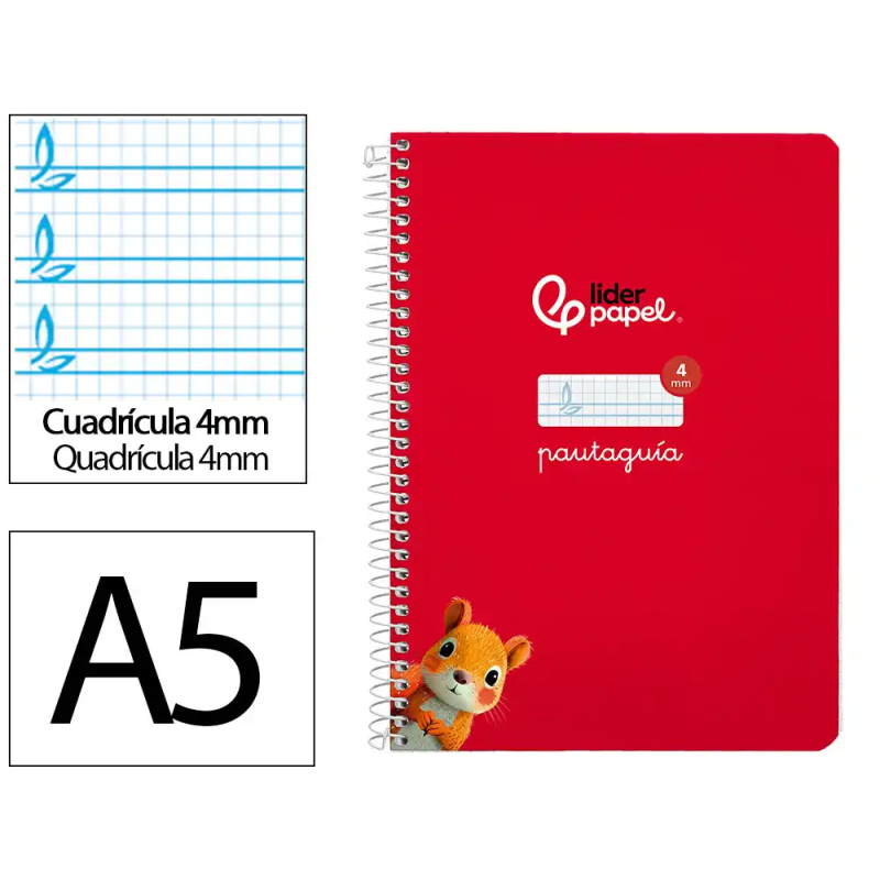 Cuaderno espiral liderpapel a5 pautaguia tapa dura 80h 90gr cuadro pautado 4mm color rojo