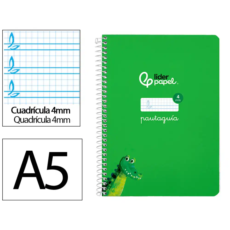 Cuaderno espiral liderpapel a5 pautaguia tapa dura 80h 90gr cuadro pautado 4mm color verde