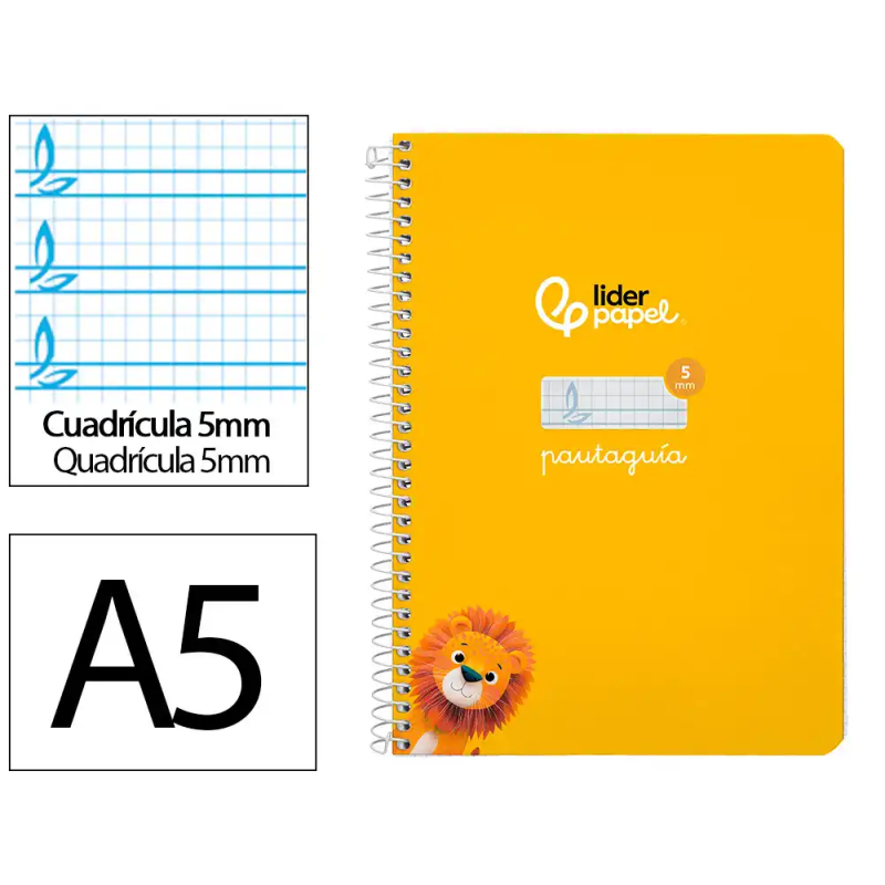Cuaderno espiral liderpapel a5 pautaguia tapa dura 80h 90 gr cuadro pautado 5mm color amarillo