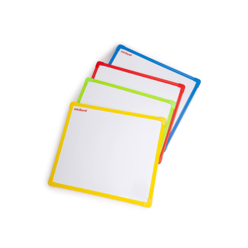 Pizarra blanca miniland metalica magentica doble cara marco de plastico 300x260 mm set de 4 unidades