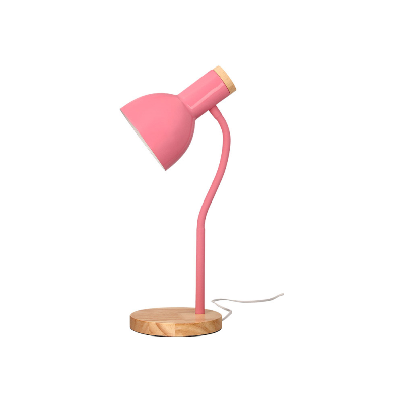 Lampara de escritorio q-connect orion metalica con detalles de madera brazo flexible color rosa