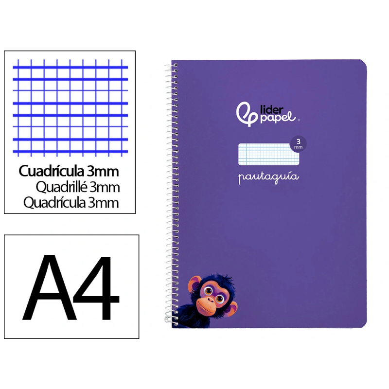 Cuaderno espiral liderpapel a4 pautaguia tapa blanda 80h 75gr cuadro pautado 3mm color lila