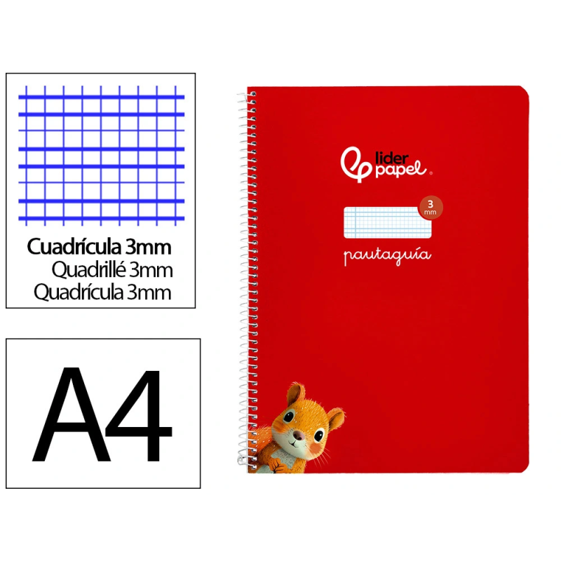 Cuaderno espiral liderpapel a4 pautaguia tapa blanda 80h 75gr cuadro pautado 3mm color rojo