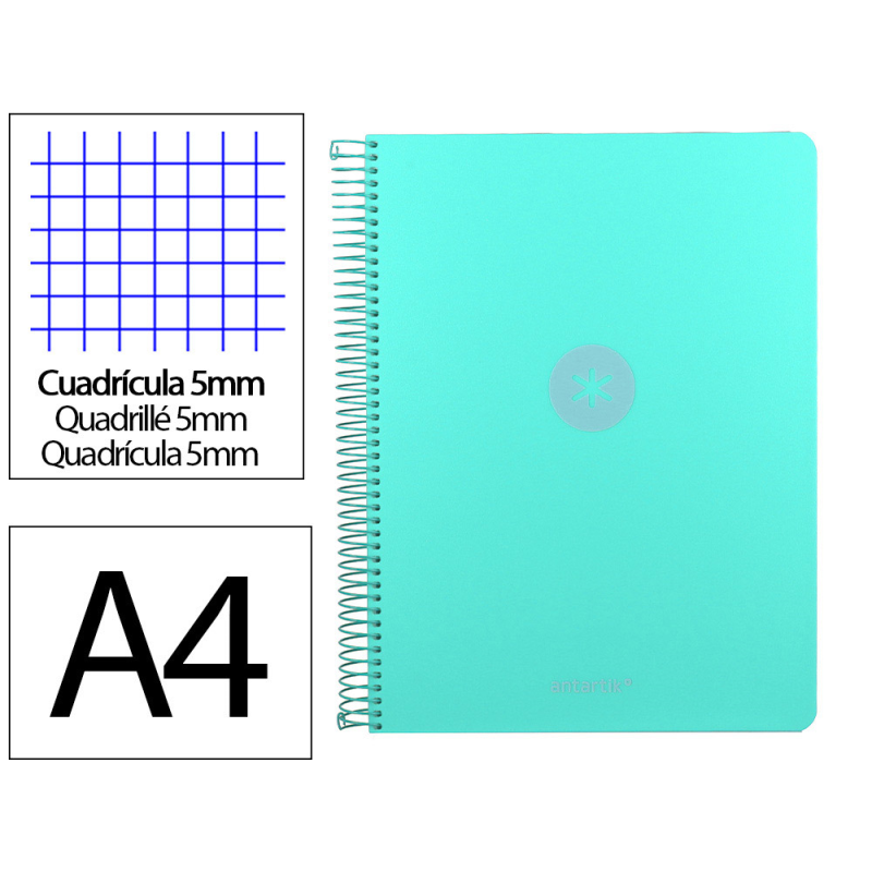 Cuaderno espiral antartik micro a4 tapa foam 120h 90gr cuadro 5mm 5 bandas 4 taladros color menta