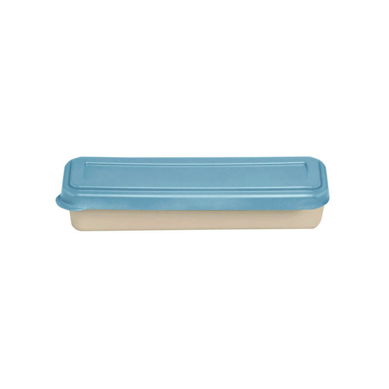 Fiambrera exacompta color beig con tapa color azul incluye 3 cubiertos reutilizables 205x65x40 mm