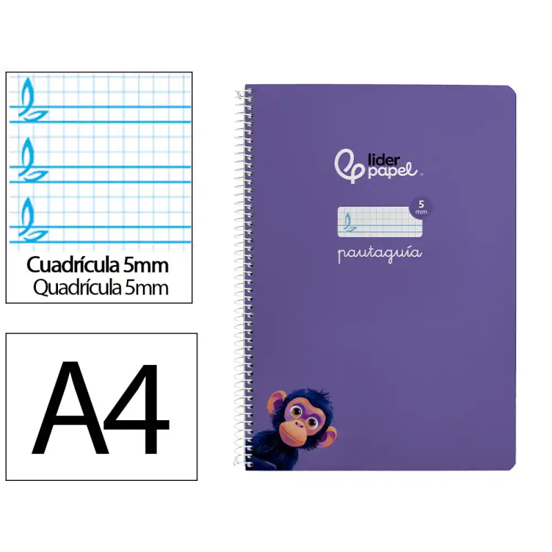 Cuaderno espiral liderpapel a4 pautaguia tapa blanda 80h 75gr cuadro pautado 5mm color lila