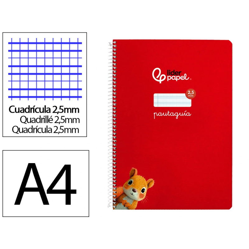 Cuaderno espiral liderpapel a4 pautaguia tapa dura 80h 90 gr cuadro pautado 2,5mm color rojo