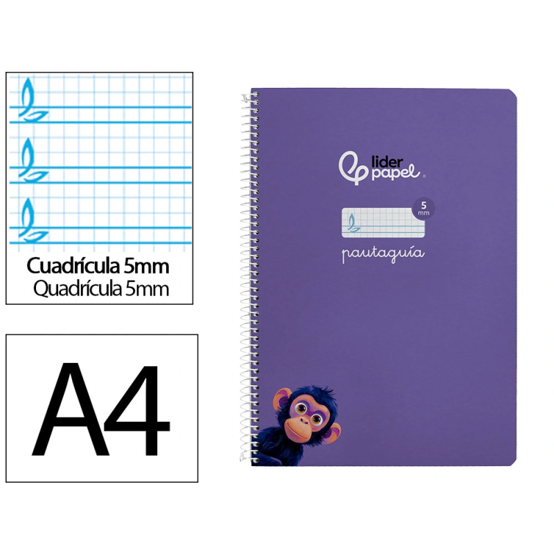 Cuaderno espiral liderpapel a4 pautaguia tapa dura 80h 90gr cuadro pautado 5mm color lila