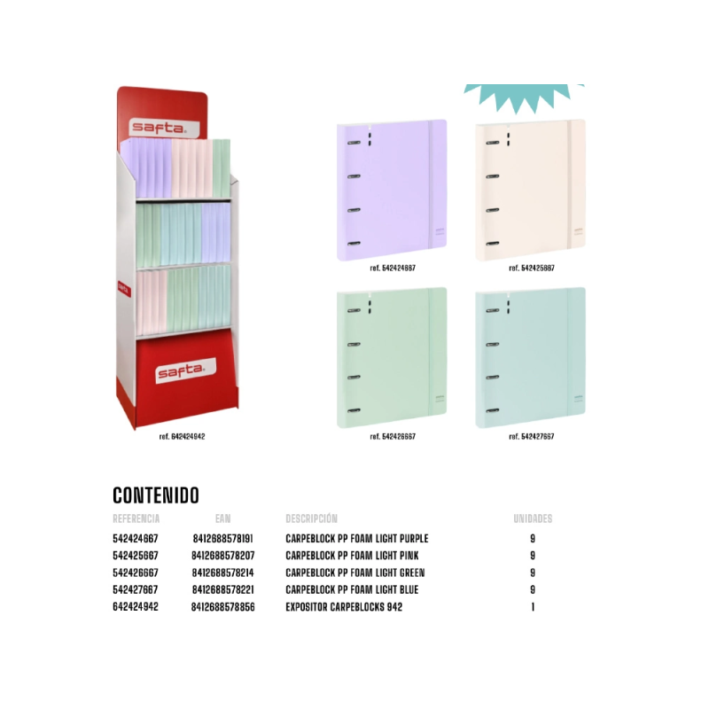 Carpeta con recambio safta din a4 cuadro 5 mm polipropileno foam 4 anillas 35mm expositor de 36 unidades