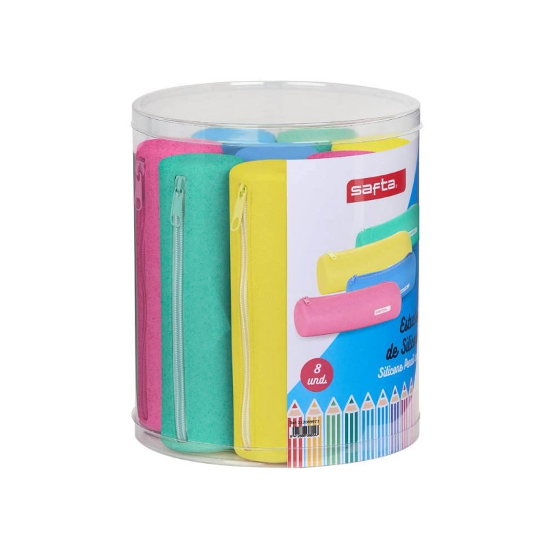 Bolso escolar safta portatodo redondo silicona glitter set de 8 unidades surtidas 195x230 mm