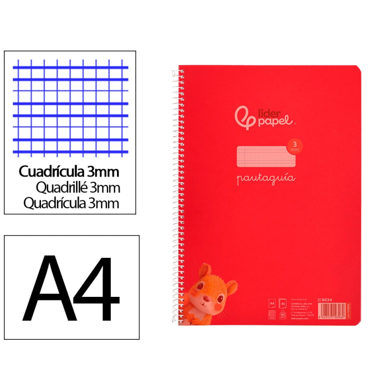 Cuaderno espiral liderpapel a4 pautaguia tapa plastico 80h 90gr cuadro pautado 3mm con margen color rojo