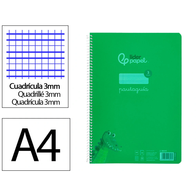 Cuaderno espiral liderpapel a4 pautaguia tapa plastico 80h 90gr cuadro pautado 3mm con margen color verde