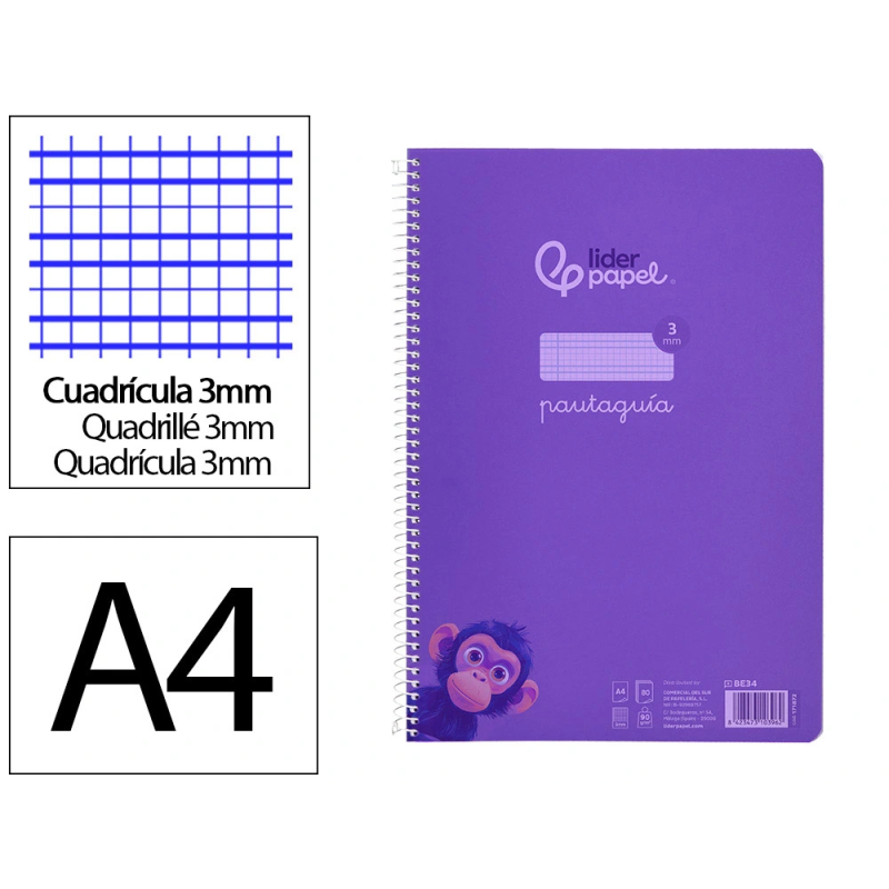 Cuaderno espiral liderpapel a4 pautaguia tapa plastico 80h 90gr cuadro pautado 3 mm con margen color lila