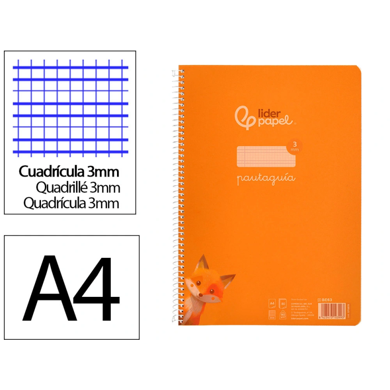 Cuaderno espiral liderpapel a4 pautaguia tapa plastico 80h 90gr cuadro pautado 3mm con margen color naranja