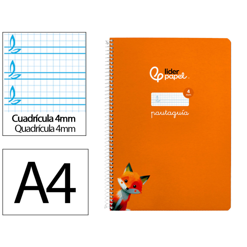 Cuaderno espiral liderpapel a4 pautaguia tapa blanda 80h 75gr cuadro pautado 4mm color naranja