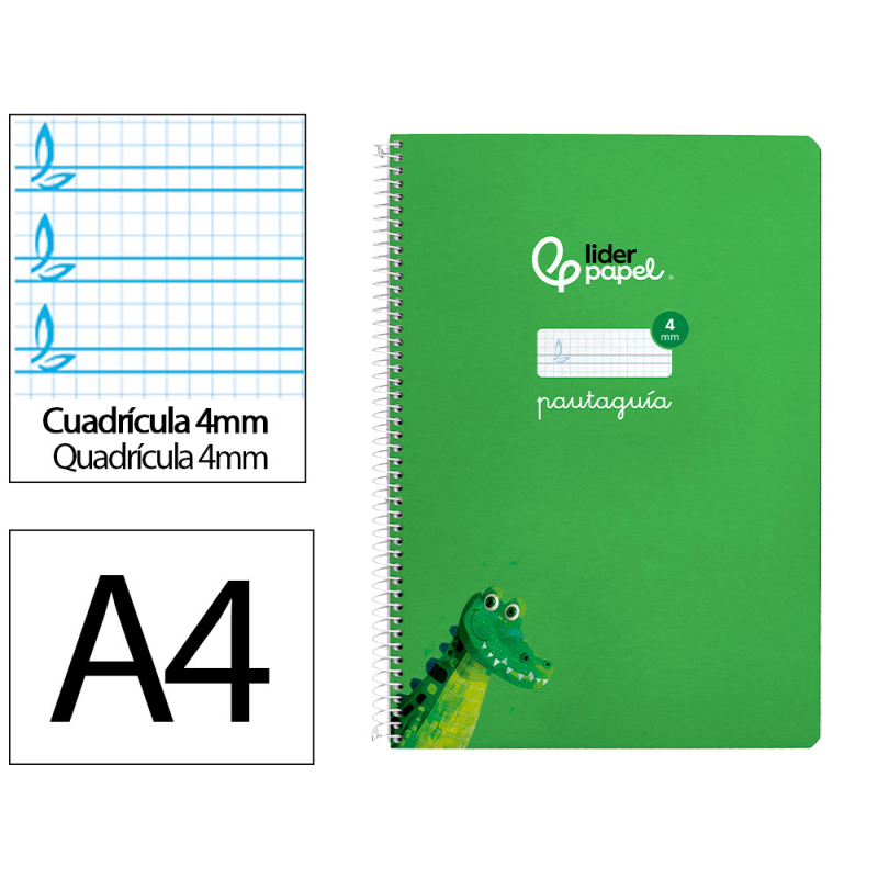 Cuaderno espiral liderpapel a4 pautaguia tapa blanda 80h 75gr cuadro pautado 4mm color verde