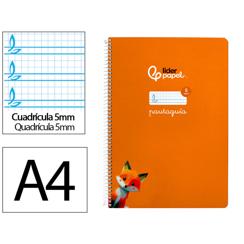 Cuaderno espiral liderpapel a4 pautaguia tapa blanda 80h 75gr cuadro pautado 5mm color naranja