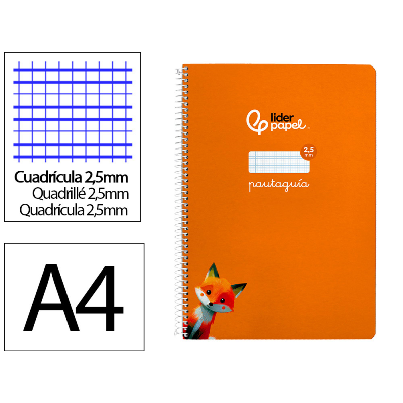 Cuaderno espiral liderpapel a4 a4 pautaguia tapa dura 80h 90 gr cuadro pautado 2,5 mm color naranja