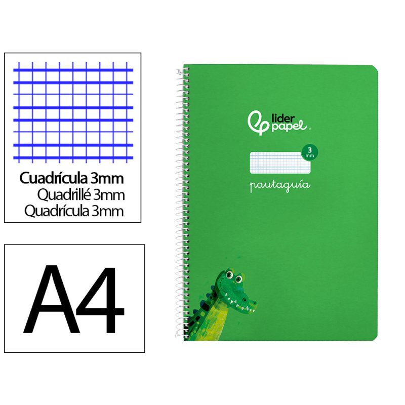 Cuaderno espiral liderpapel a4 pautaguia tapa dura 80h 90 gr cuadro pautado 3mm color verde
