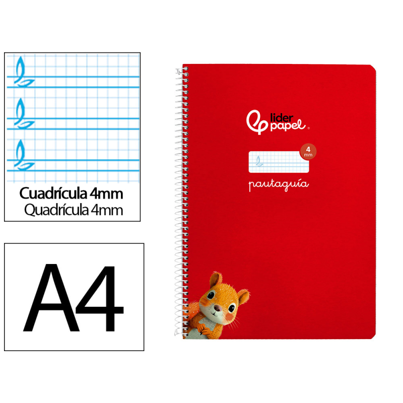 Cuaderno espiral liderpapel a4 pautaguia tapa dura 80h 90gr cuadro pautado 4mm color rojo