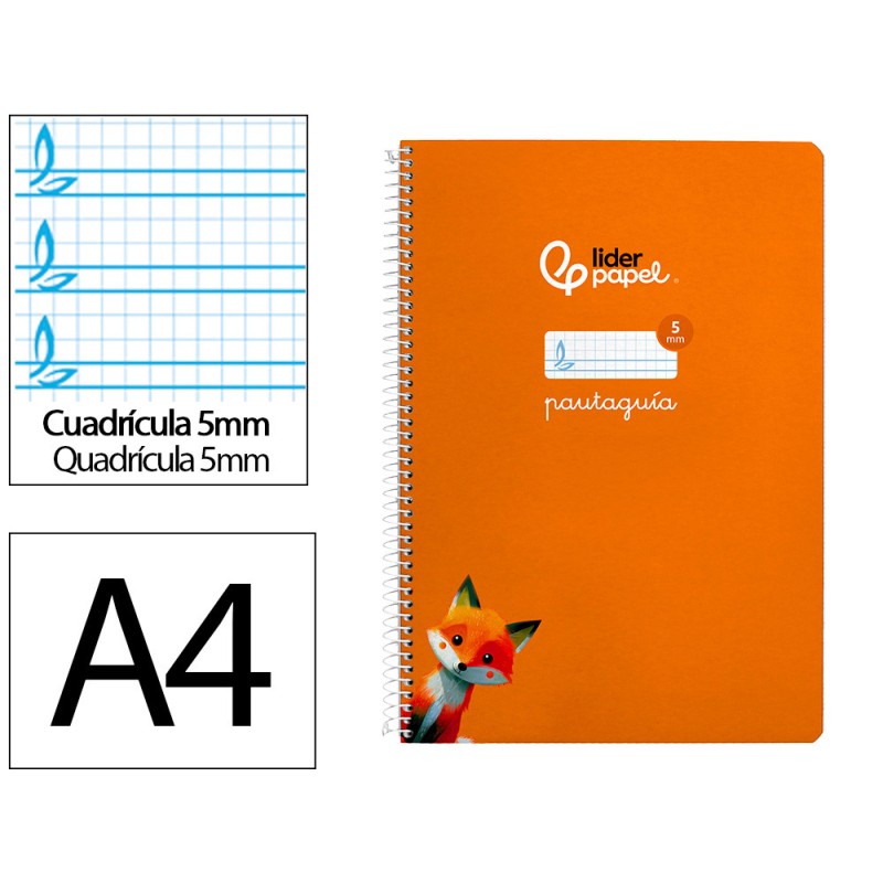 Cuaderno espiral liderpapel a4 pautaguia tapa dura 80h 90gr cuadro pautado 5mm color naranja